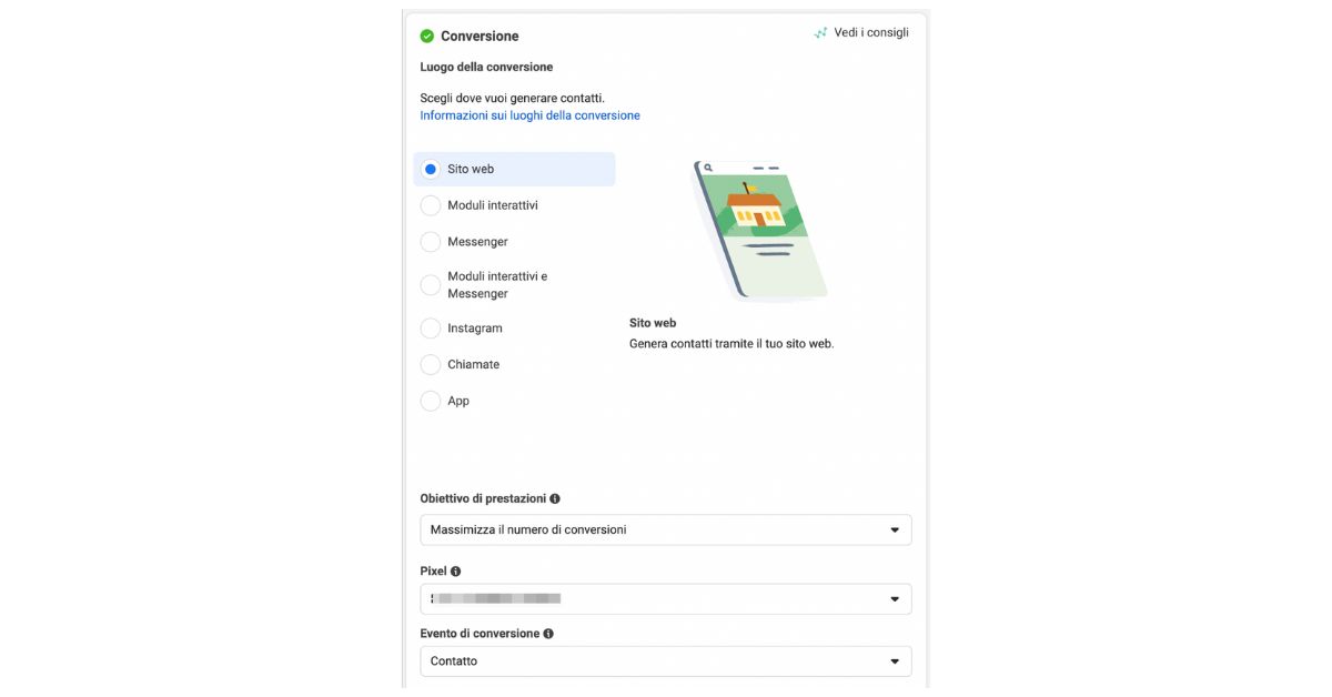 Esempio di setup del luogo di conversione di una ad su Meta