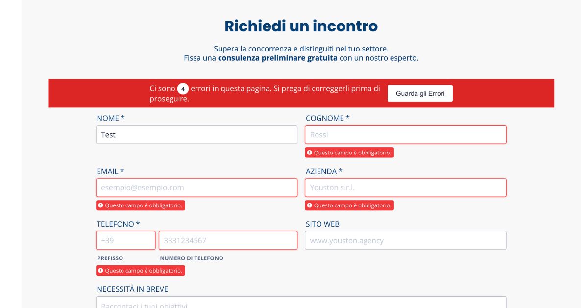 Esempio di come mostrare i messaggi di errore in un form