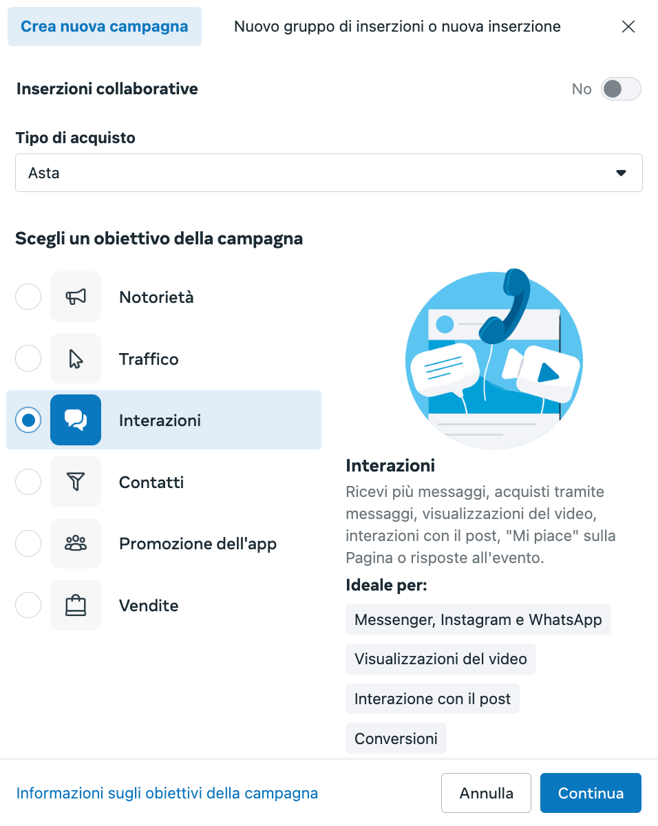 Vista Business Manager per campagna aumento follower