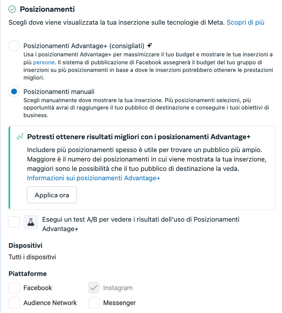 Vista Business Manager per selezionare posizionamenti campagna follower Instagram