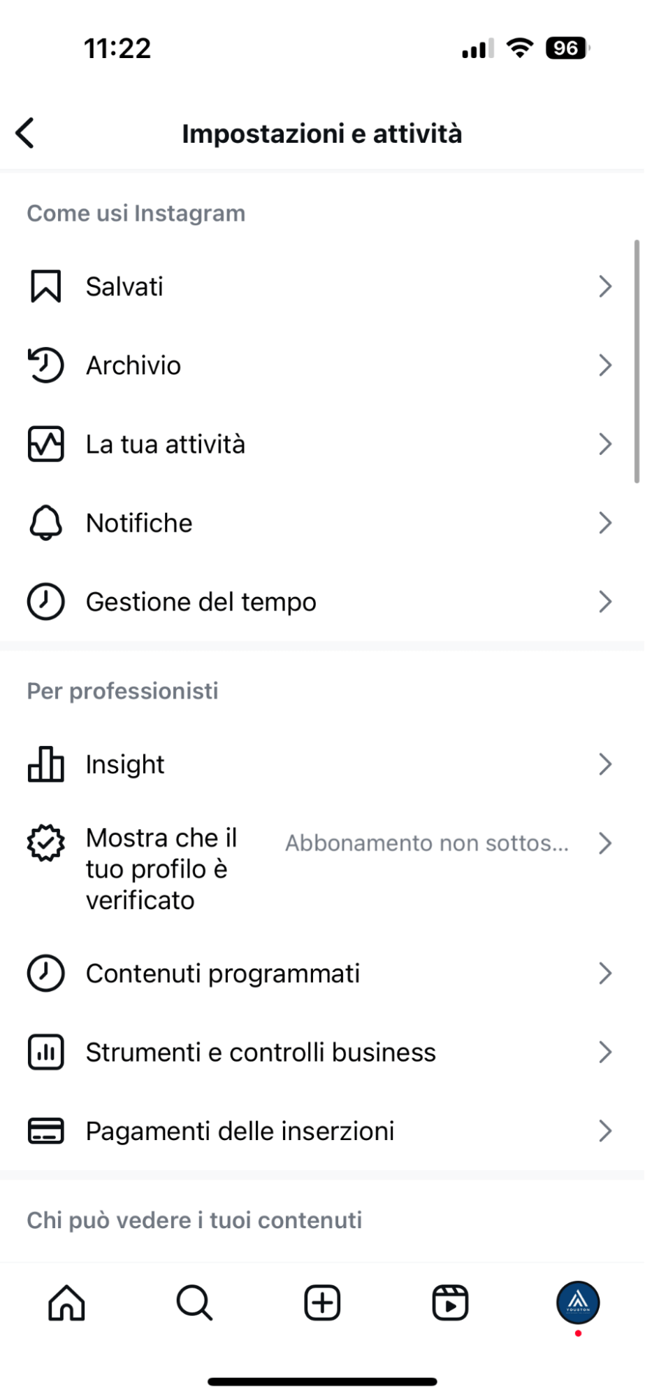Men&ugrave; Impostazioni e attivit&agrave; app Instagram