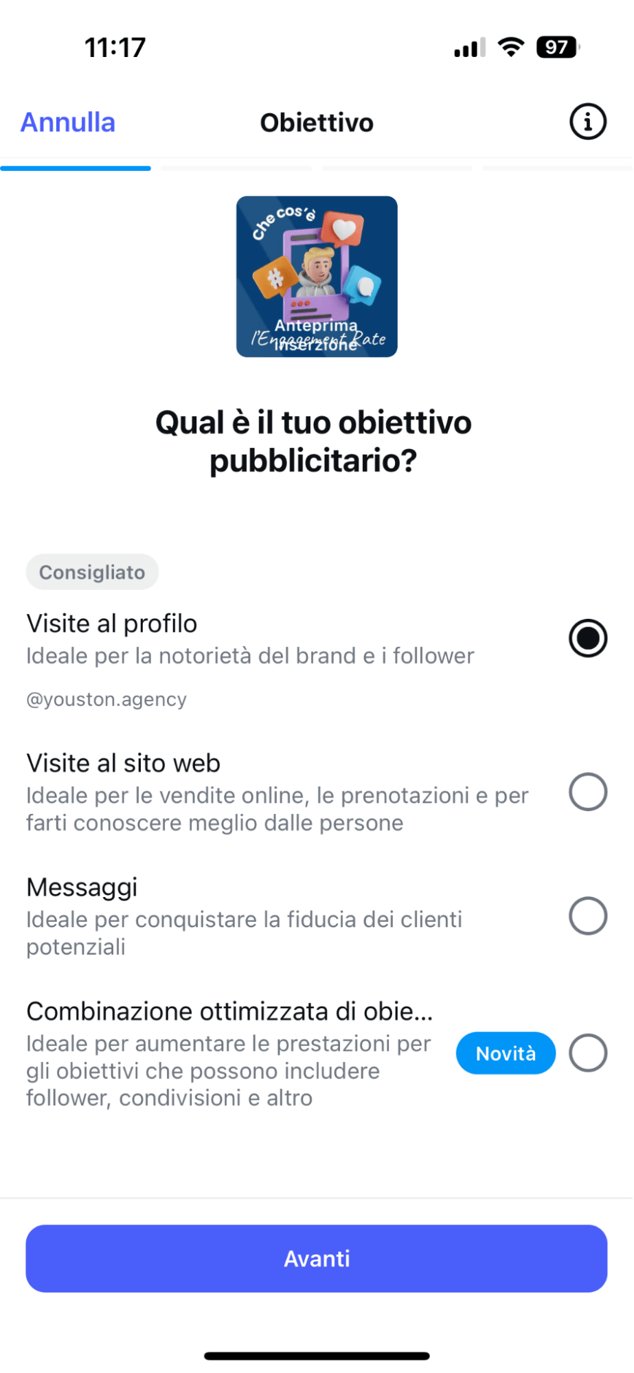 Come selezionare obiettivo pubblicitario per campagna follower Instagram