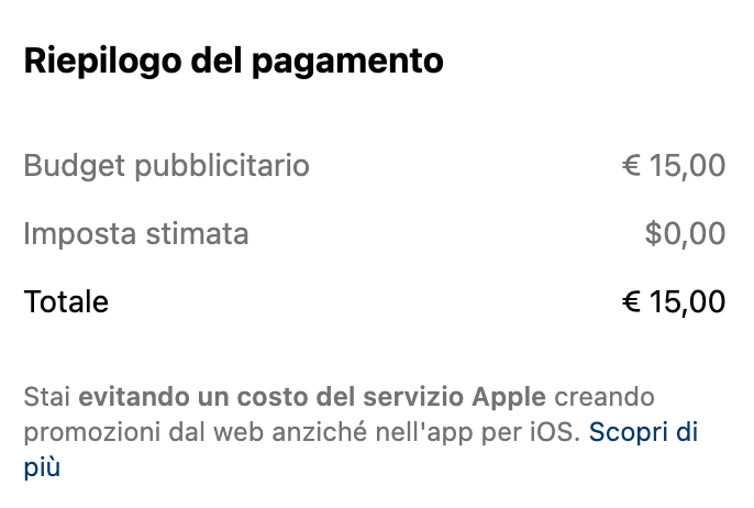 Vista Riepilogo del pagamento su Instagram